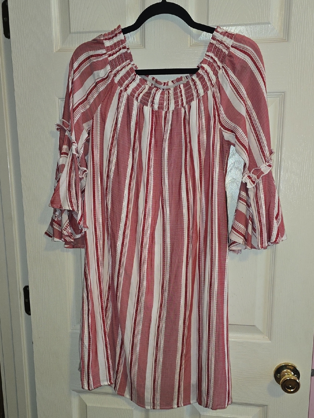 Luxology Red and‎ White Striped Off-Shoulder Tunic